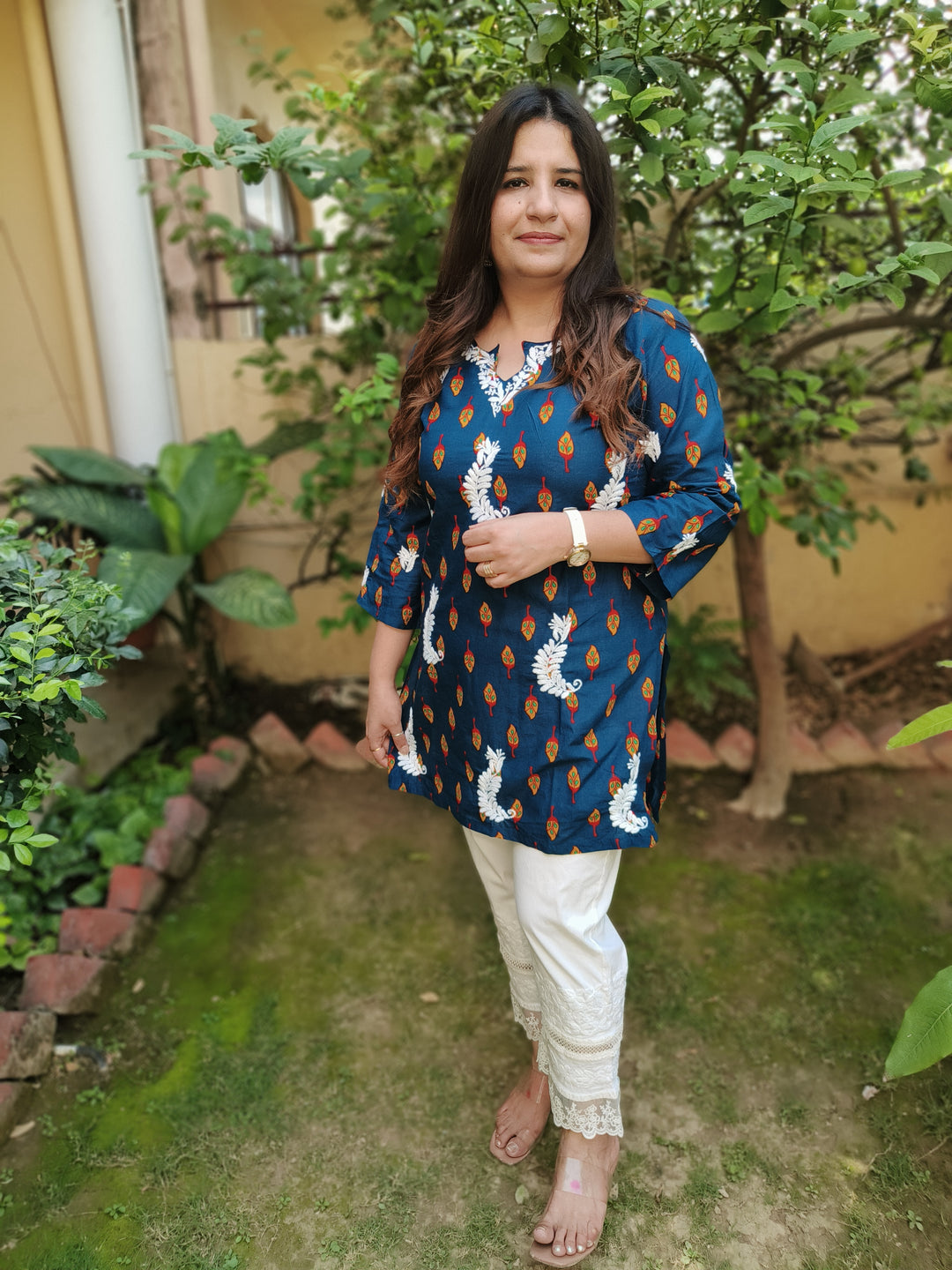 Blue Printed Cotton Chikankari Short Kurta