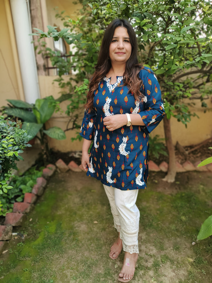 Blue Printed Cotton Chikankari Short Kurta