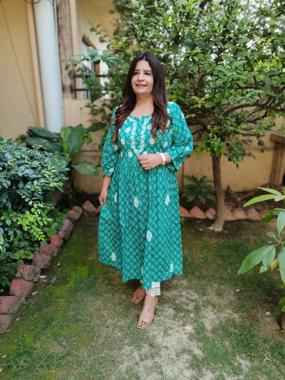 Sea Green A-Line Printed Cotton Chikankari Kurta