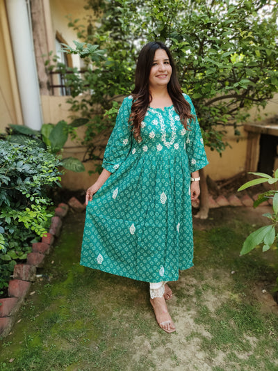 Sea Green A-Line Printed Cotton Chikankari Kurta