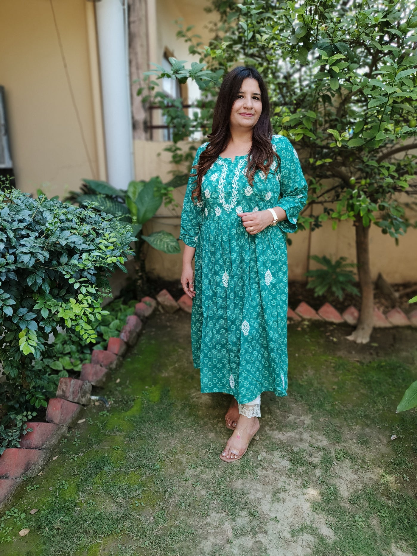 Sea Green A-Line Printed Cotton Chikankari Kurta