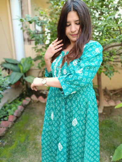 Sea Green A-Line Printed Cotton Chikankari Kurta