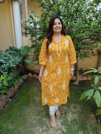 Mustard Printed Cotton Chikankari Kurta