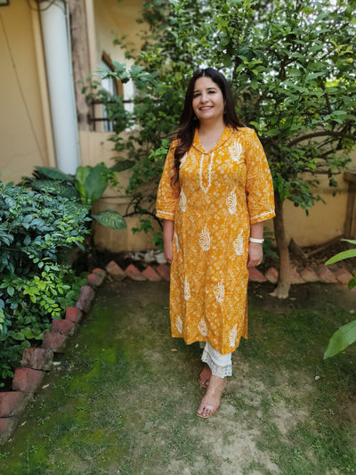 Mustard Printed Cotton Chikankari Kurta