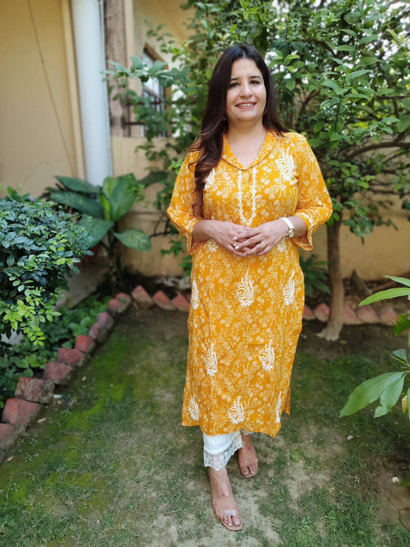 Mustard Printed Cotton Chikankari Kurta