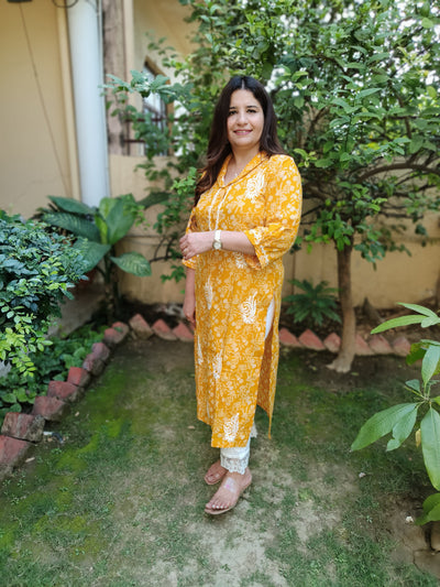 Mustard Printed Cotton Chikankari Kurta