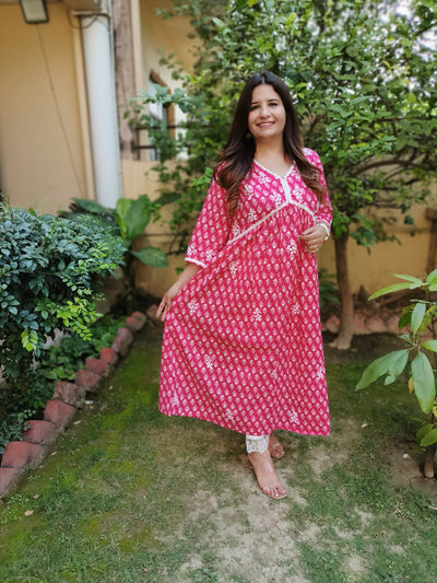 Pink A-Line Printed Cotton Chikankari Kurta