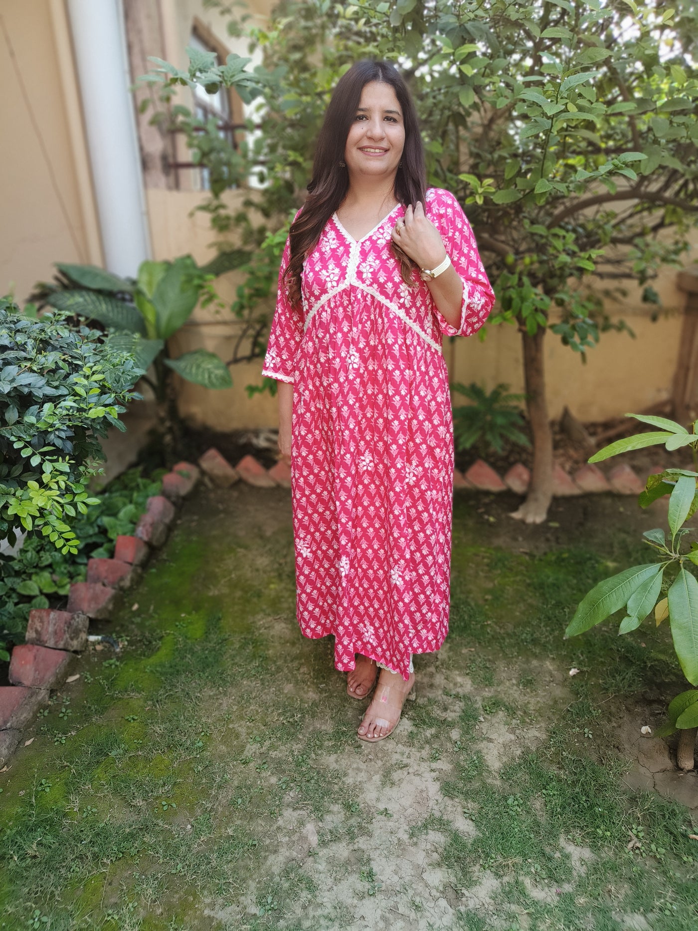 Pink A-Line Printed Cotton Chikankari Kurta