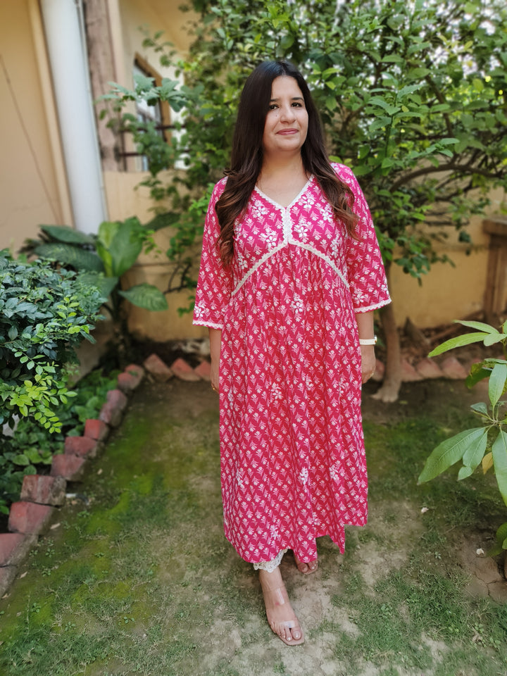 Pink A-Line Printed Cotton Chikankari Kurta