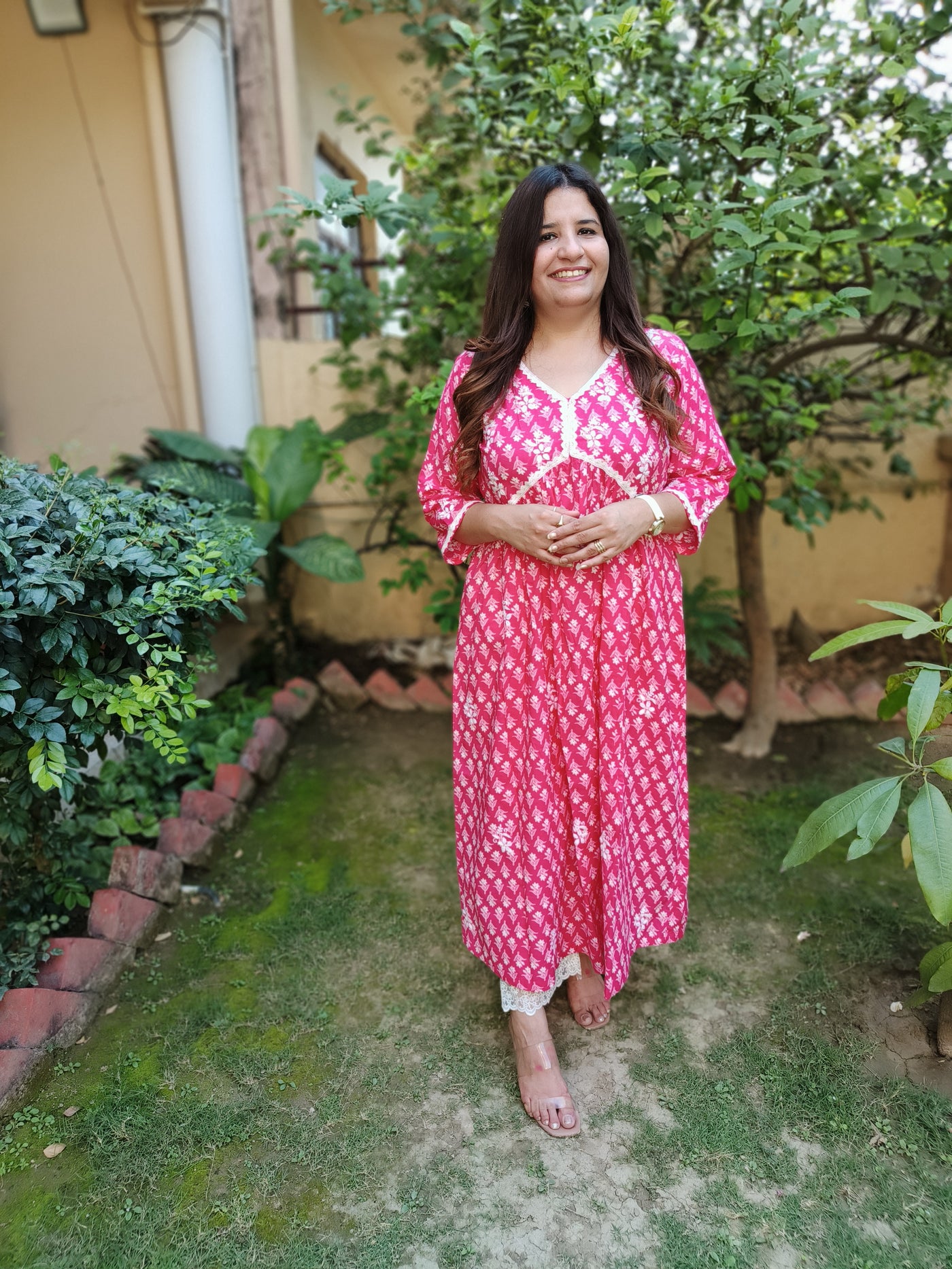 Pink A-Line Printed Cotton Chikankari Kurta