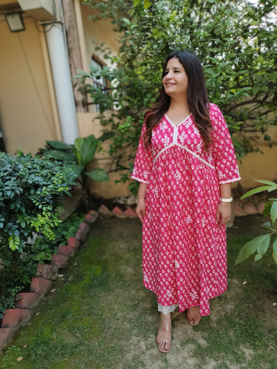 Pink A-Line Printed Cotton Chikankari Kurta