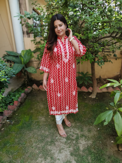 Red Printed Cotton Chikankari Kurta