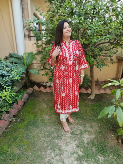 Red Printed Cotton Chikankari Kurta