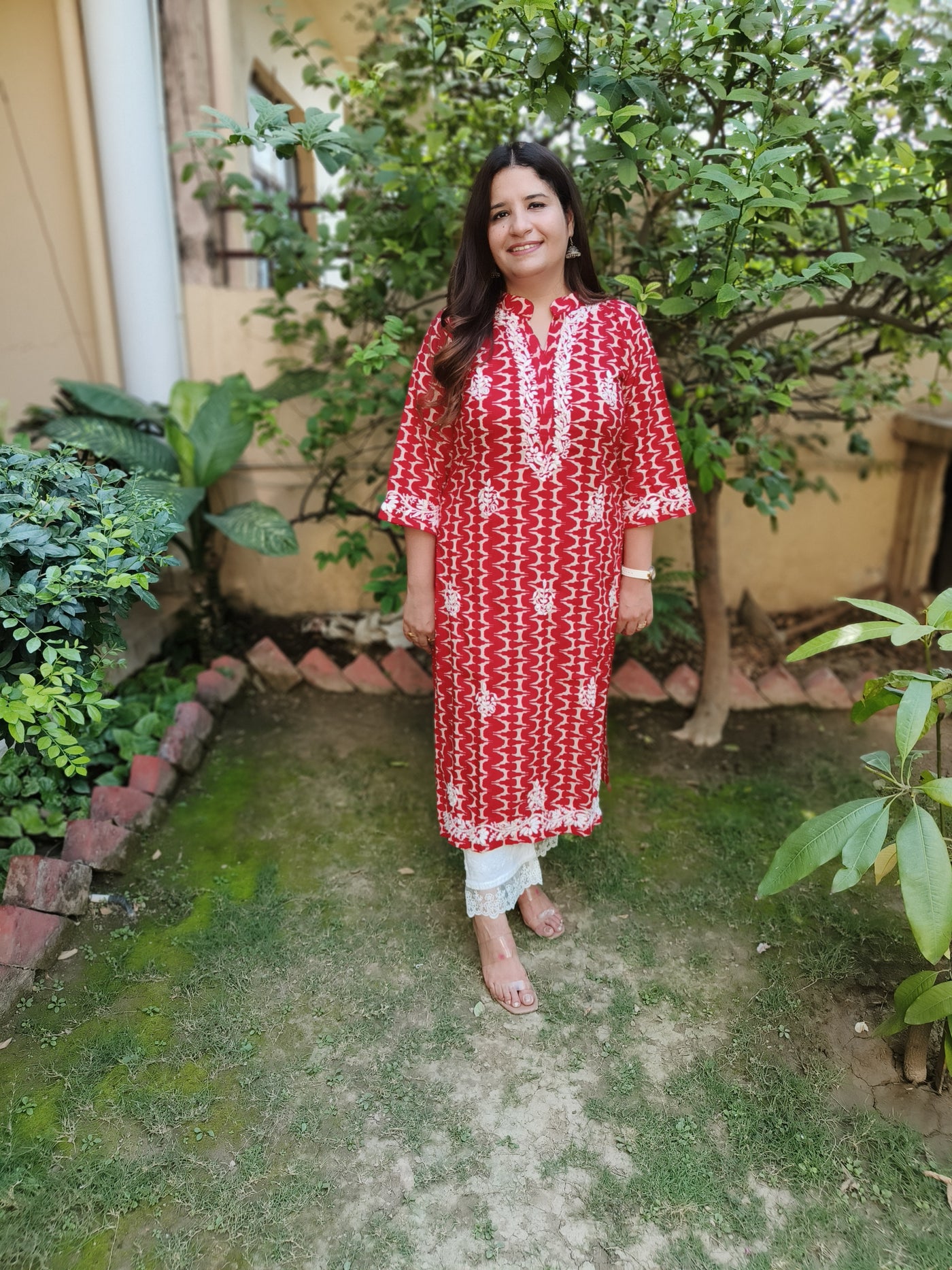 Red Printed Cotton Chikankari Kurta