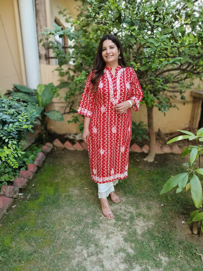 Red Printed Cotton Chikankari Kurta