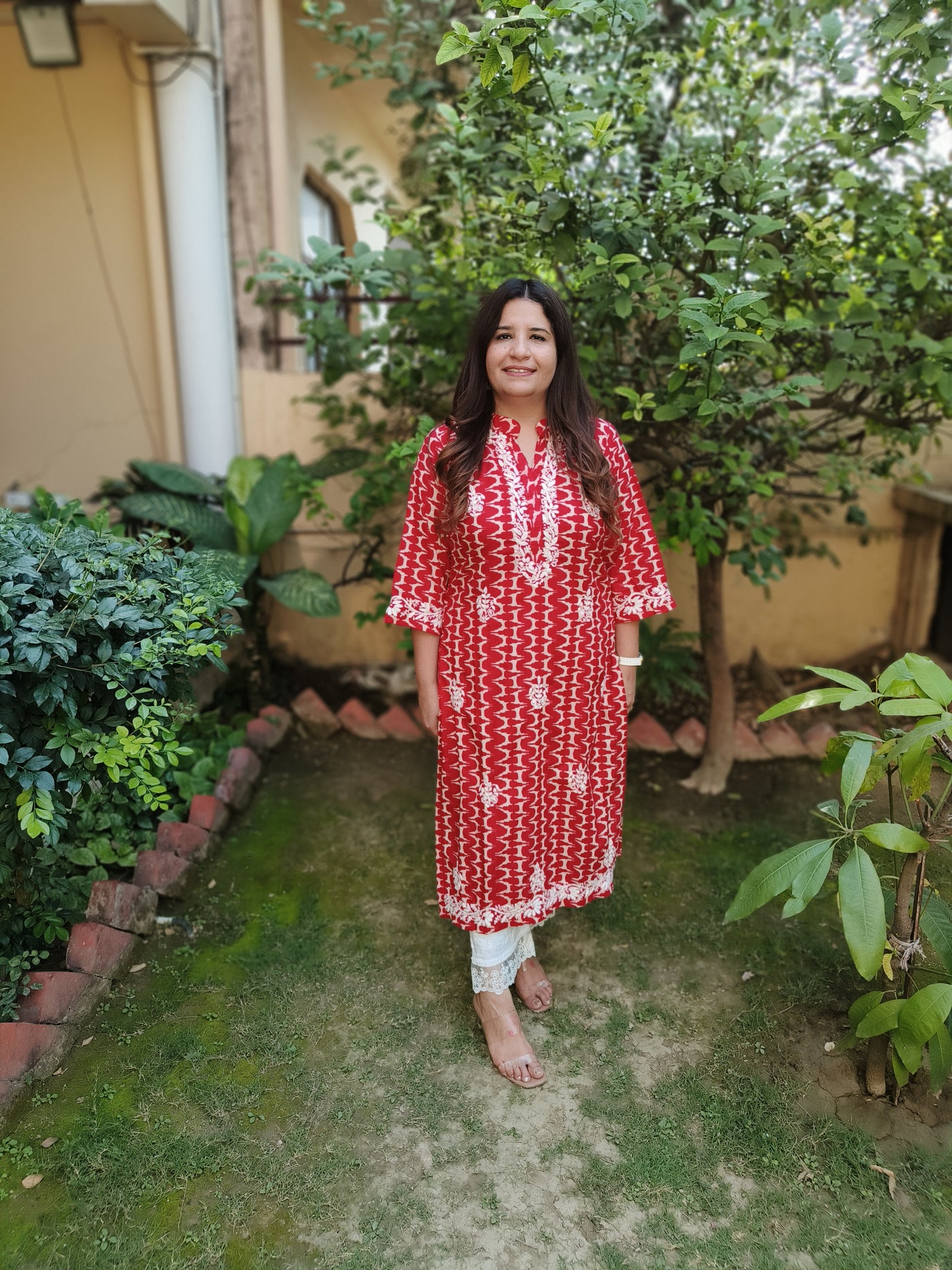 Red Printed Cotton Chikankari Kurta