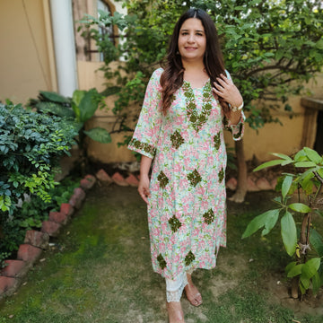 Multi Printed Cotton Chikankari Kurta