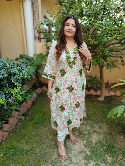 Multi Printed Cotton Chikankari Kurta