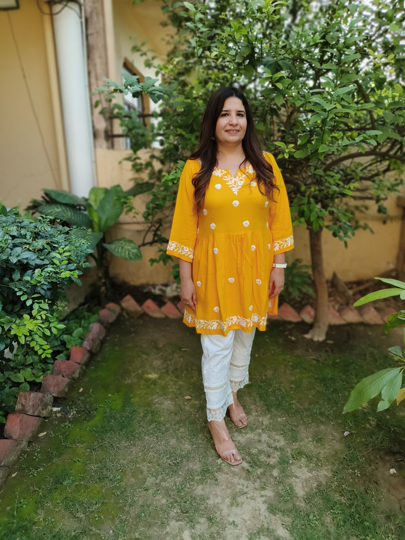 Yellow Reyon Chikankari Short Kurta -Custom Made