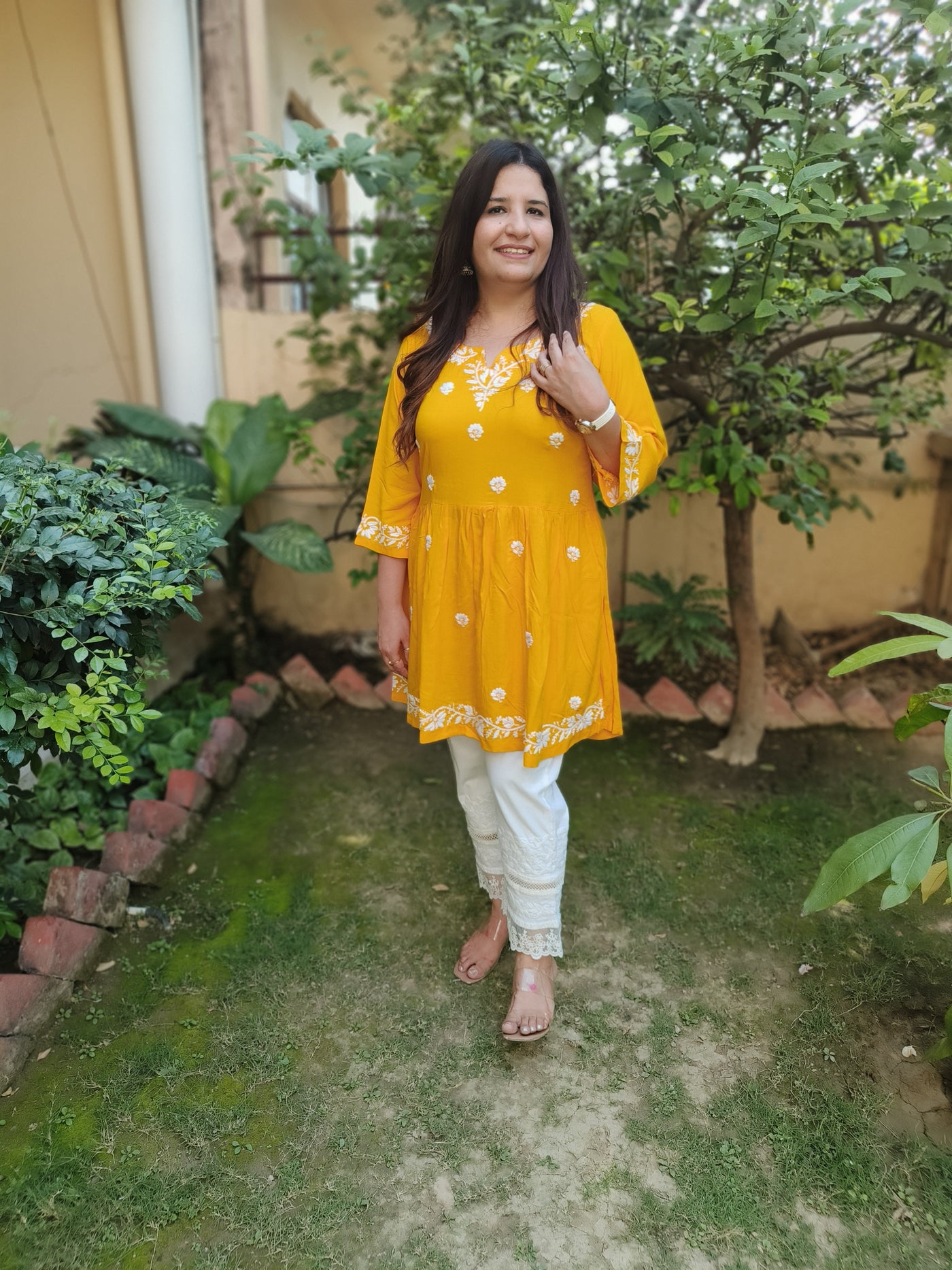 Yellow Reyon Chikankari Short Kurta -Custom Made