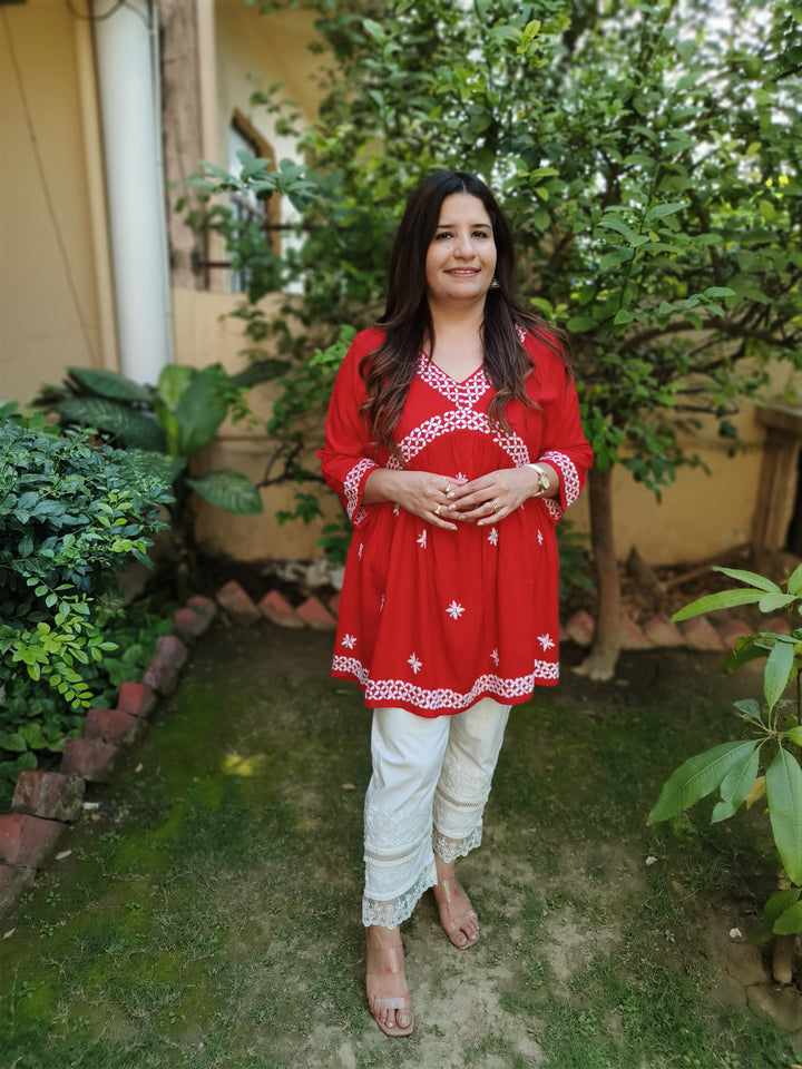 Red A-Line Rayon Chikankari Short Kurta  -Custom Made