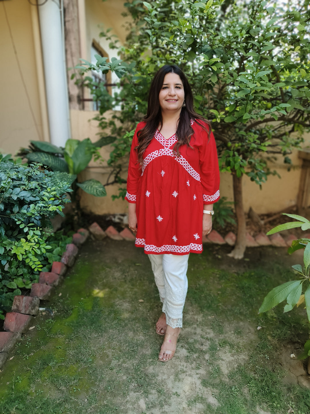 Red A-Line Rayon Chikankari Short Kurta  -Custom Made