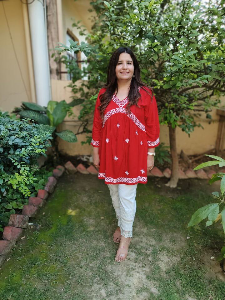 Red A-Line Rayon Chikankari Short Kurta  -Custom Made