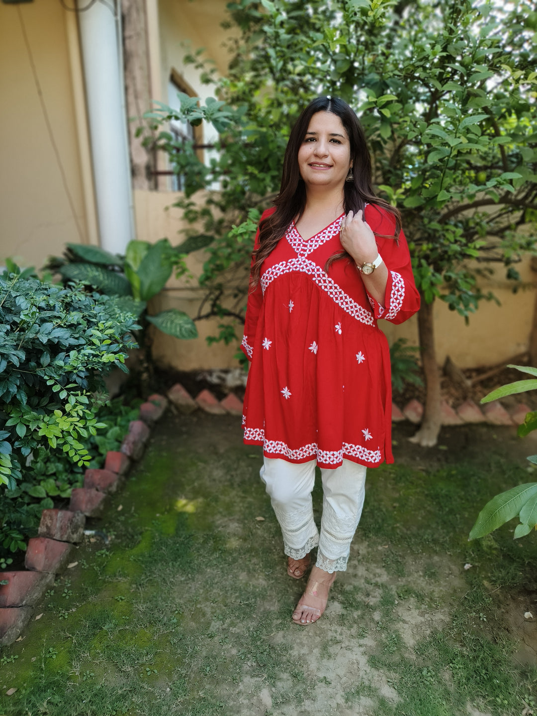 Red A-Line Rayon Chikankari Short Kurta  -Custom Made