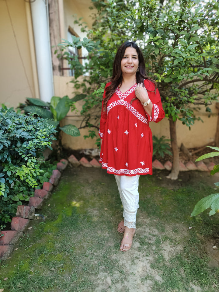 Red A-Line Rayon Chikankari Short Kurta  -Custom Made