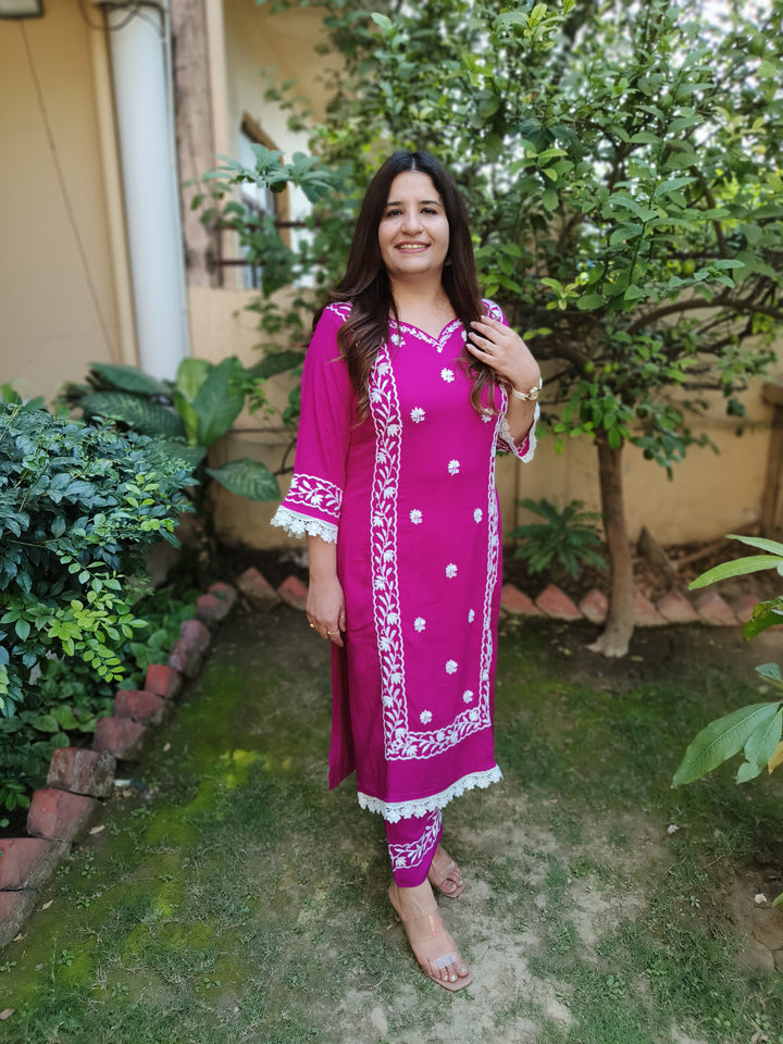 Purple Rayon Chikankari Kurta Pant Set