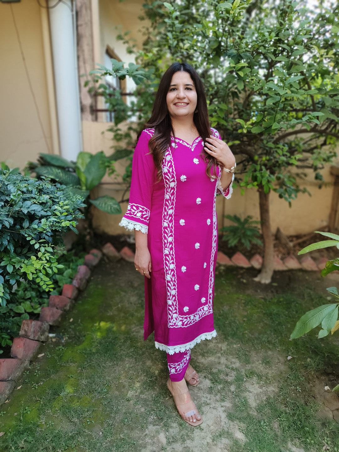Purple Rayon Chikankari Kurta Pant Set
