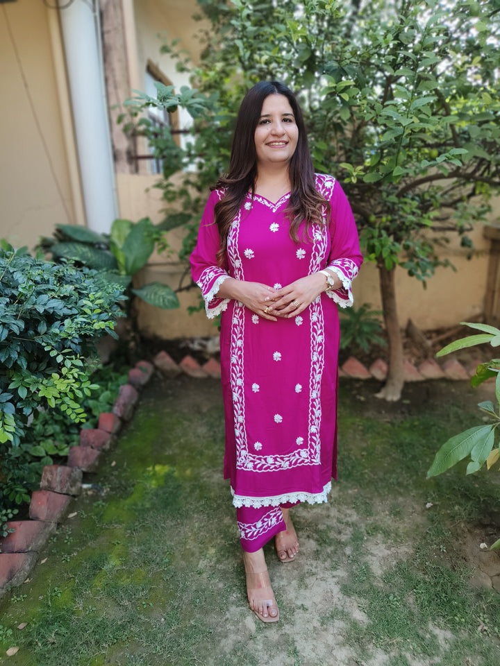Purple Rayon Chikankari Kurta Pant Set