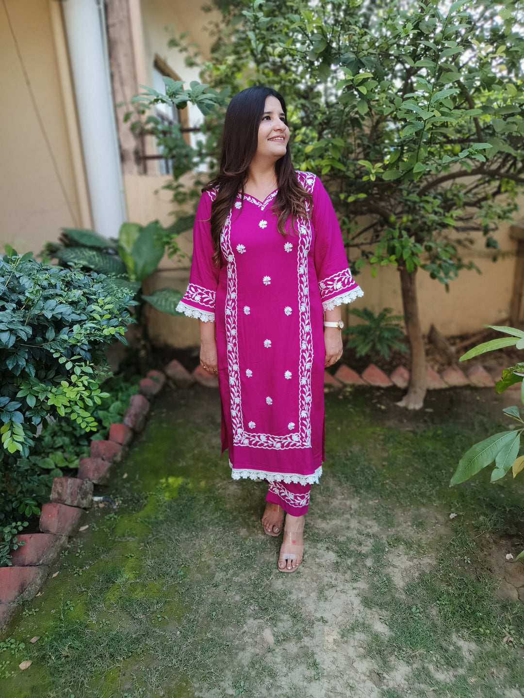 Purple Rayon Chikankari Kurta Pant Set