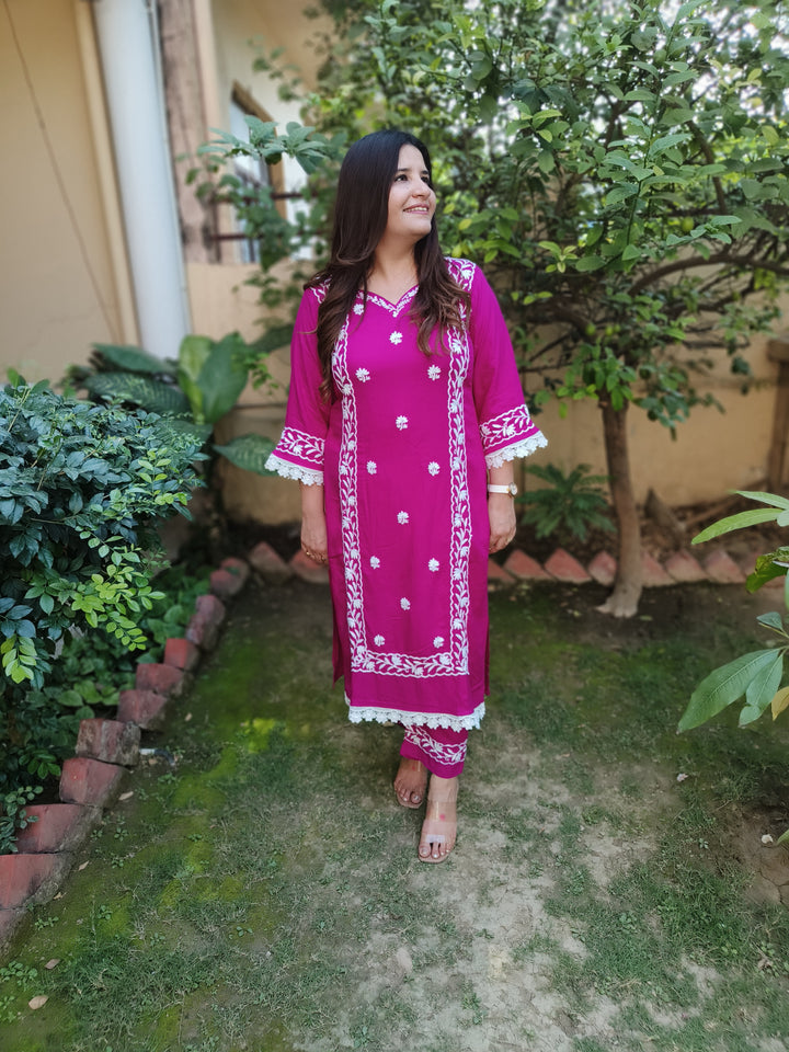 Purple Rayon Chikankari Kurta Pant Set