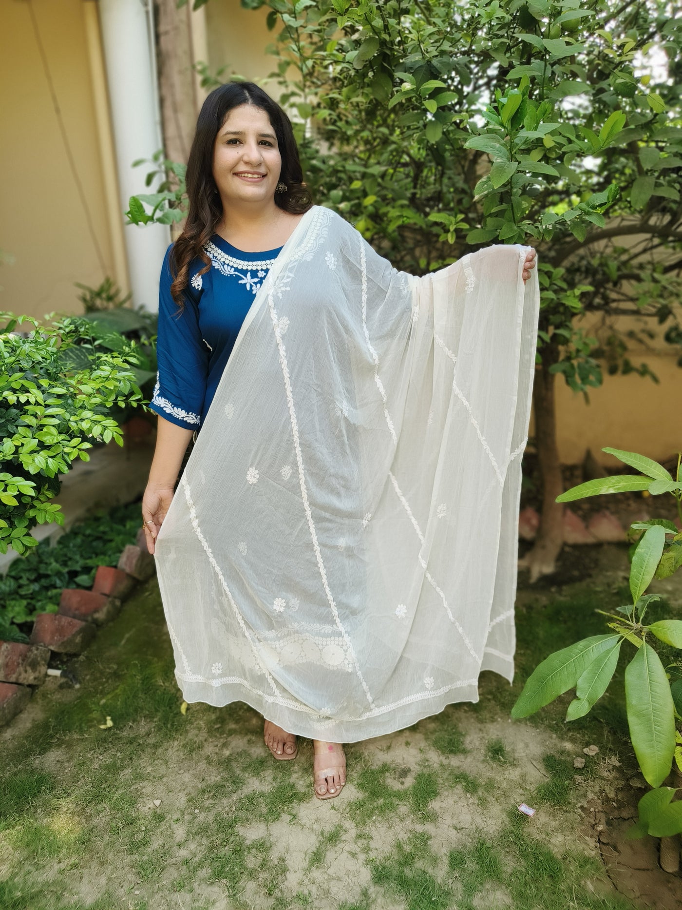 White Shifon Chikankari Dupatta