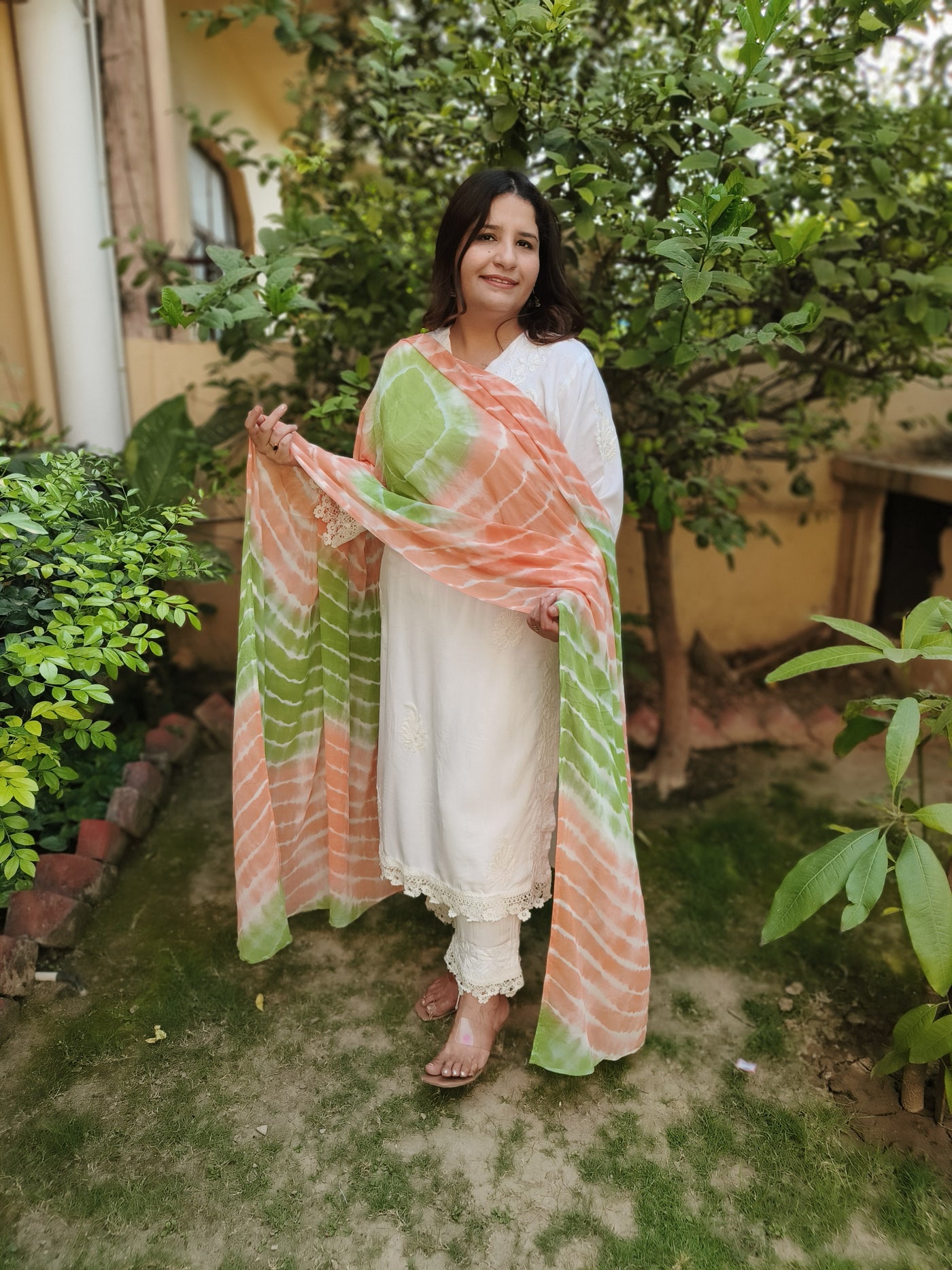 Orange And Green Chiffon Dupatta