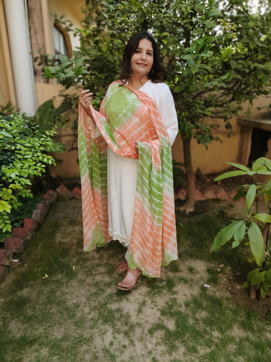 Orange And Green Chiffon Dupatta