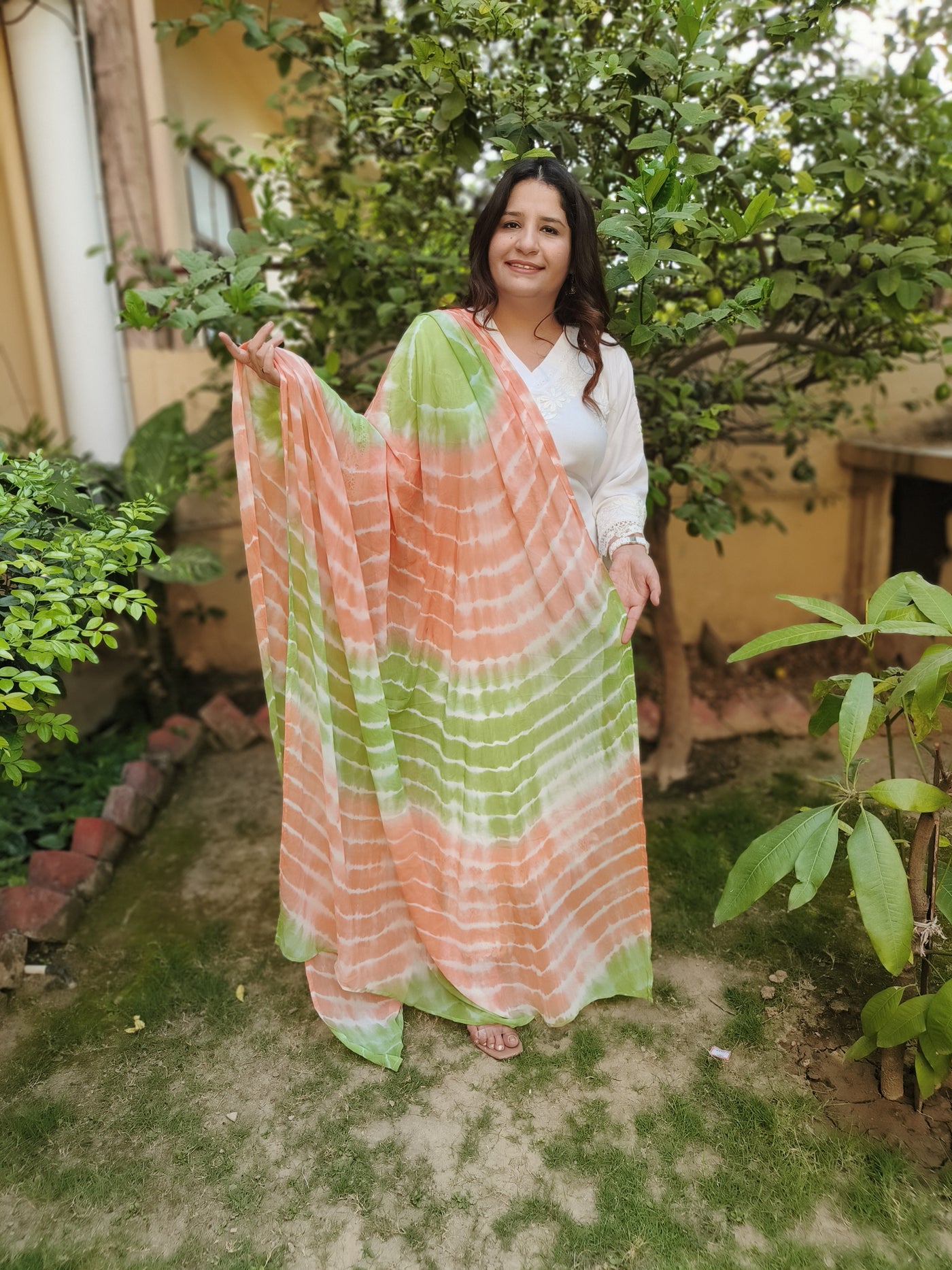 Orange And Green Chiffon Dupatta