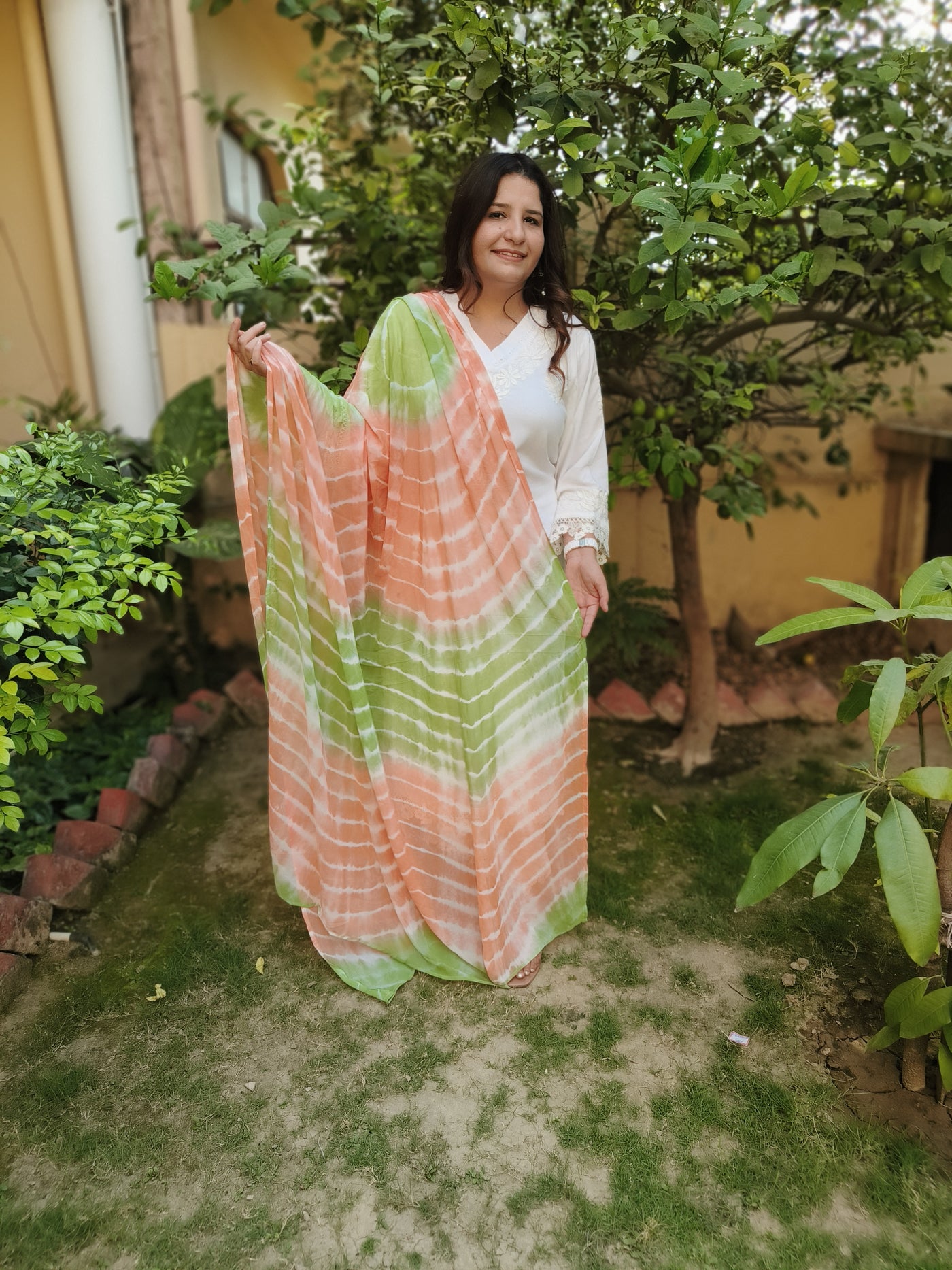 Orange And Green Chiffon Dupatta