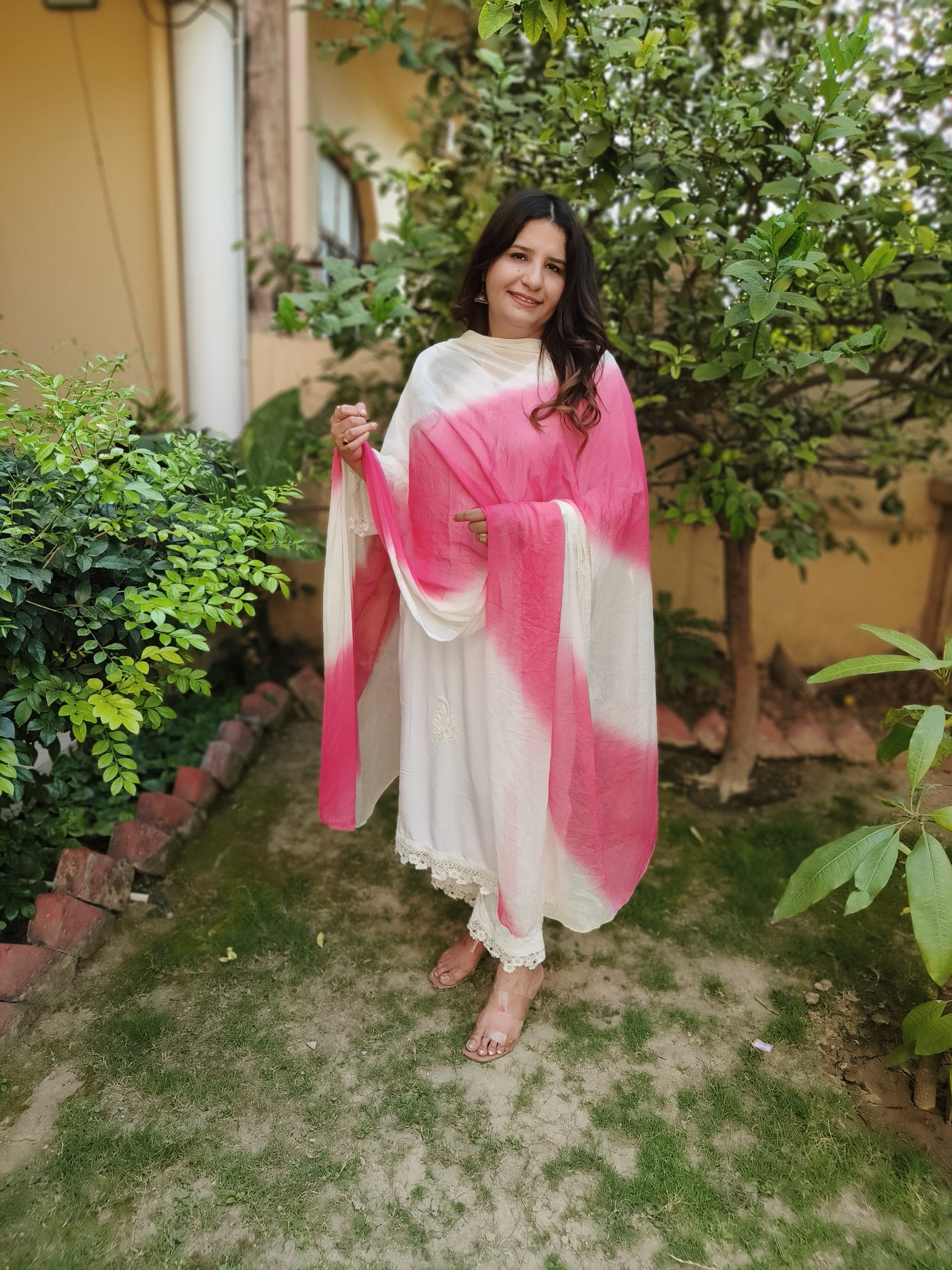 Pink And White Chiffon Dupatta