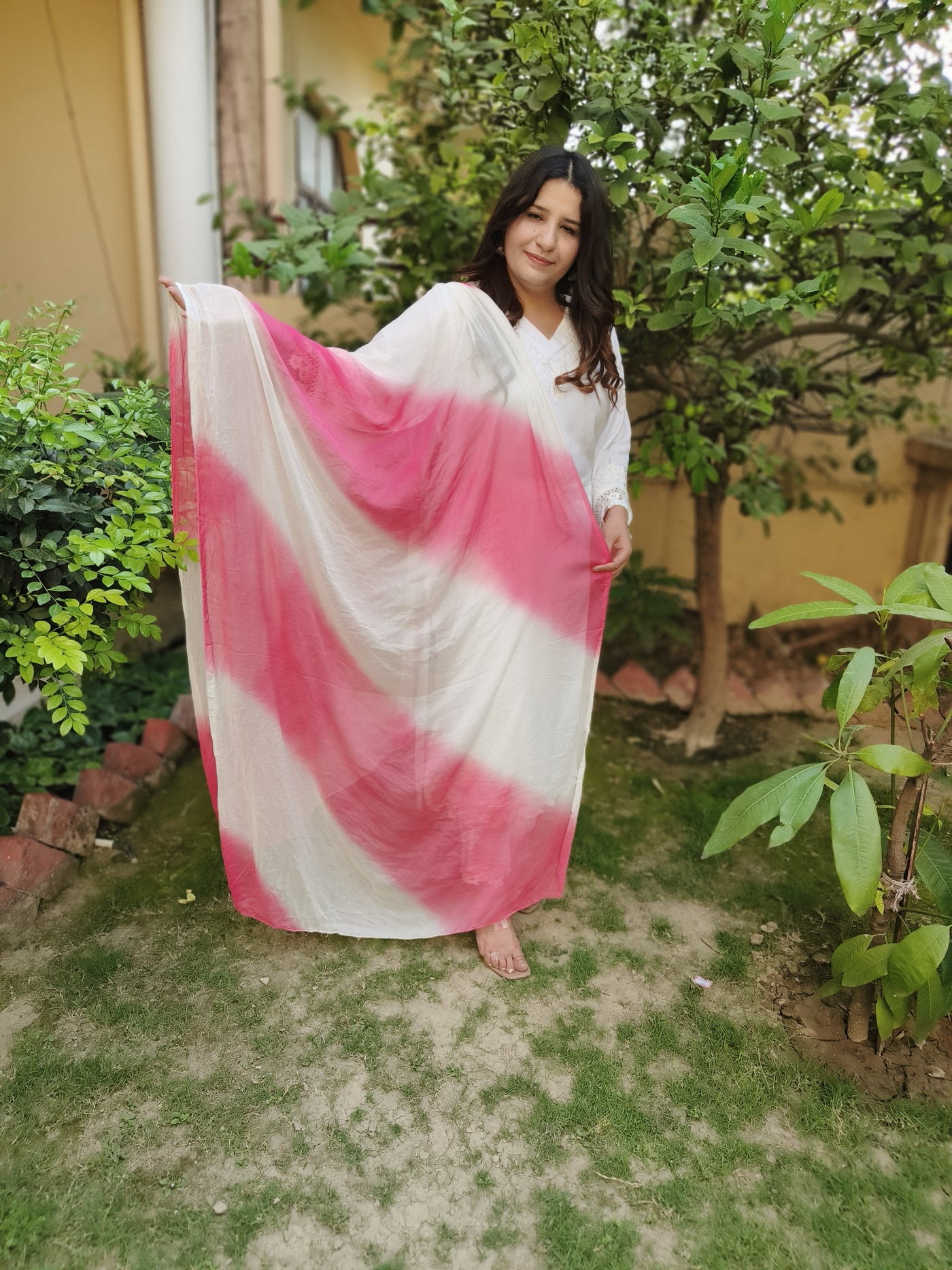 Pink And White Chiffon Dupatta