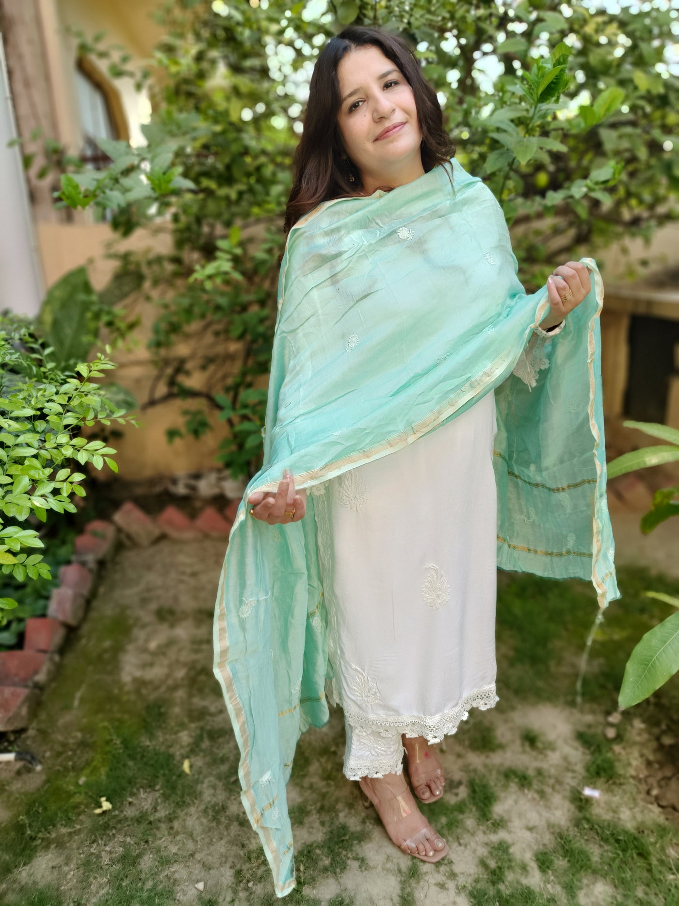 Sea Green Cotton Chikankari Dupatta