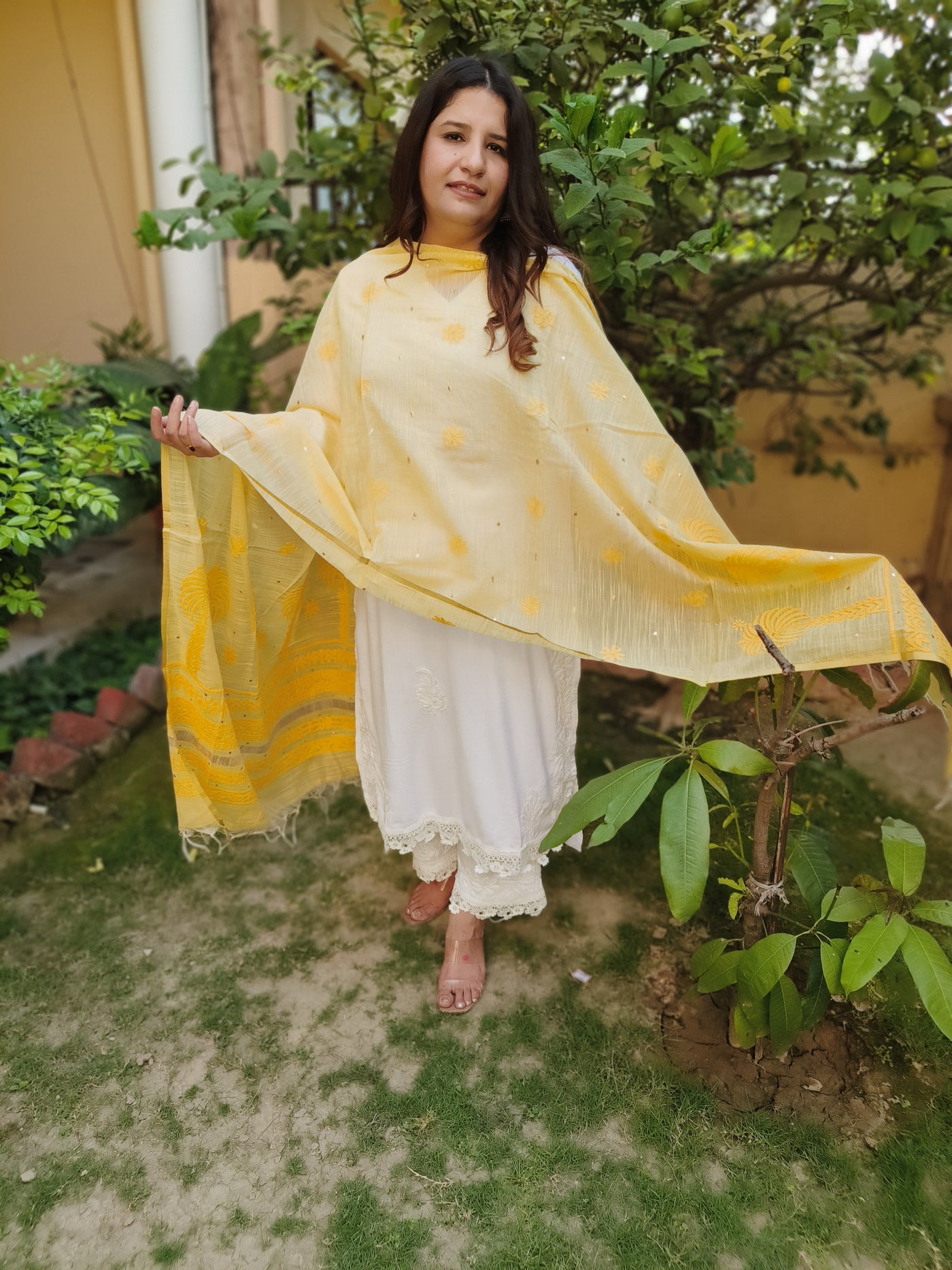 Yellow Chikankari Cotton Dupatta