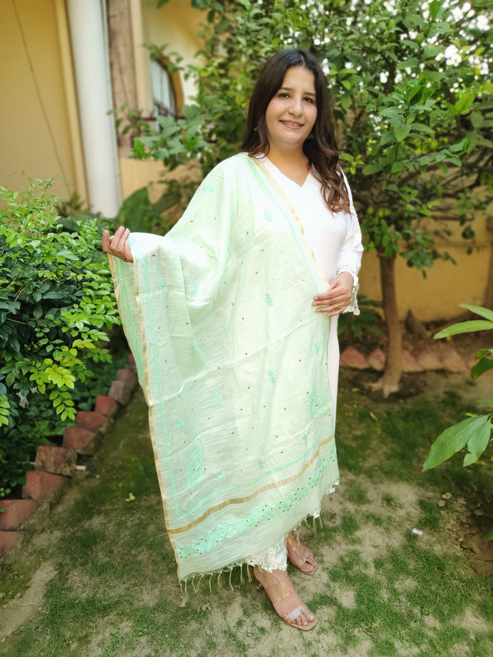 Sea Green Cotton Chikankari Dupatta