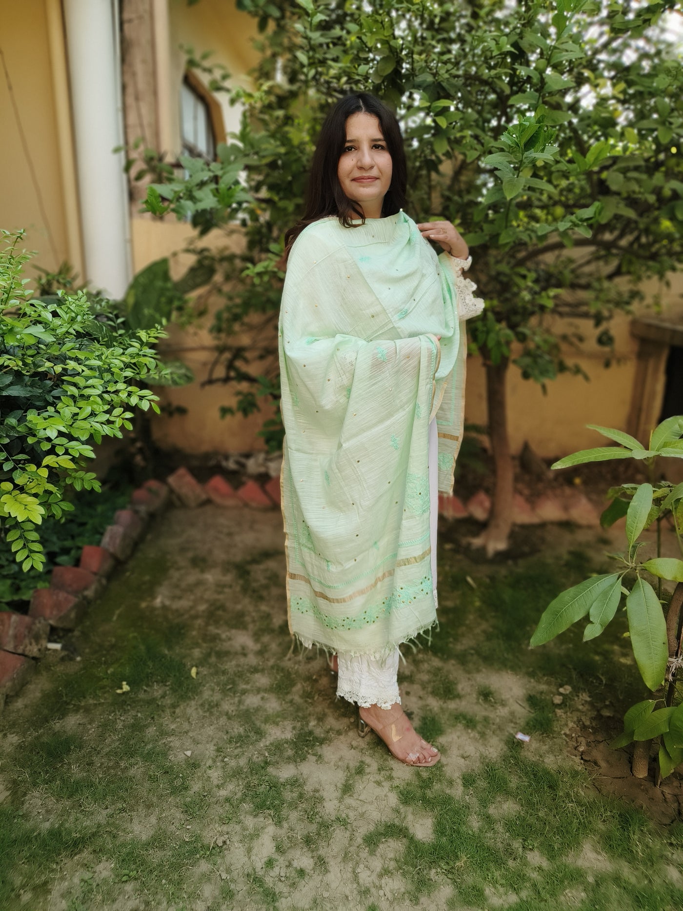 Sea Green Cotton Chikankari Dupatta