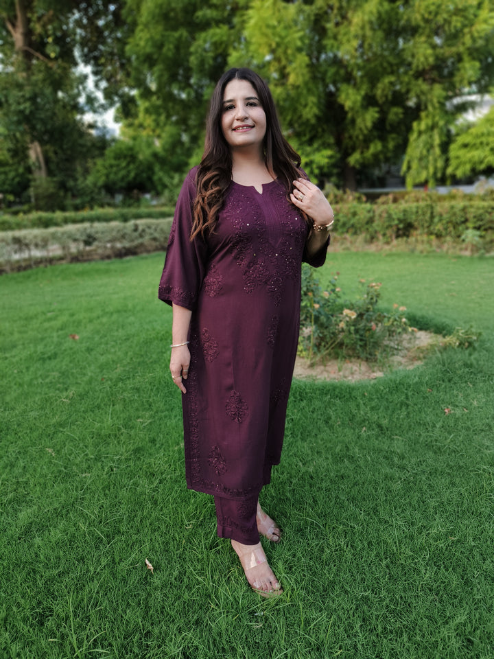 Wine Rayon Chikankari Suit Set  -Custom  Made
