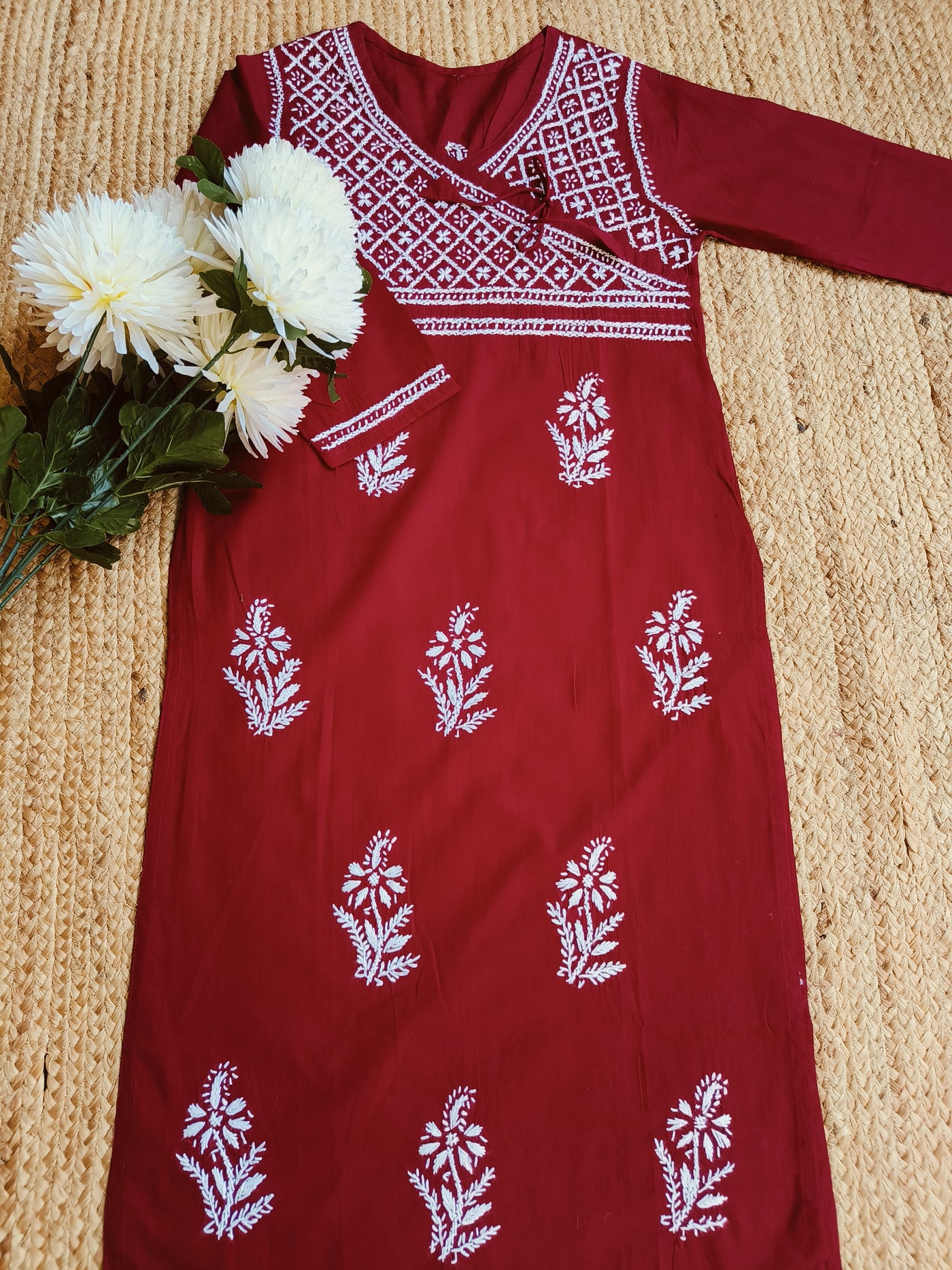 Maroon Cotton Chikankari kurta