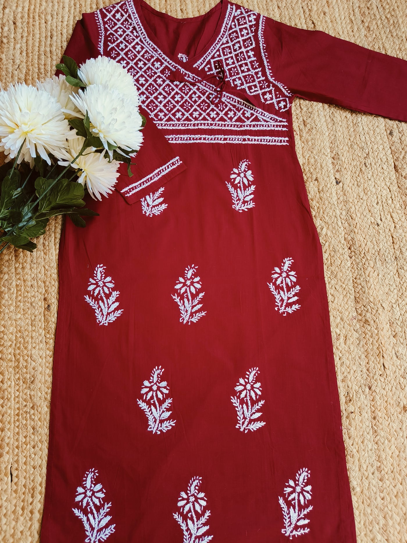 Maroon Cotton Chikankari kurta