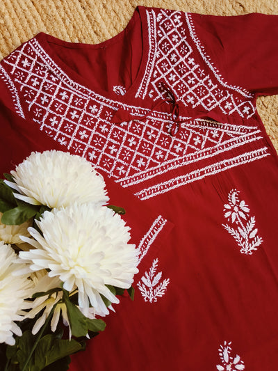 Maroon Cotton Chikankari kurta