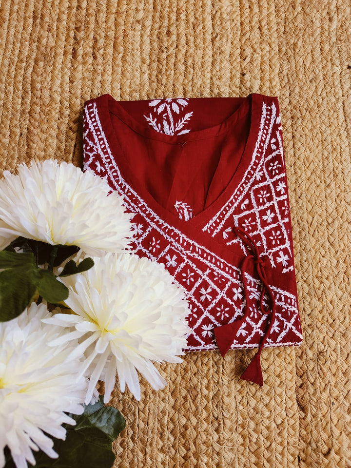Maroon Cotton Chikankari kurta